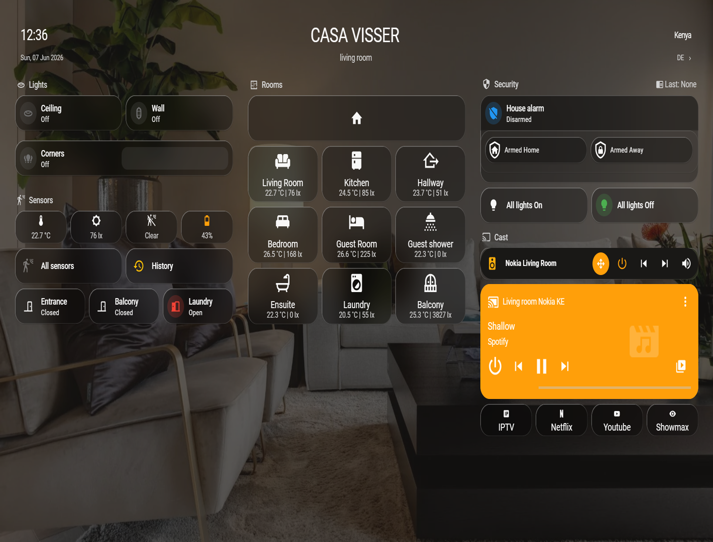 Smart home lighting control interface managing residential environments