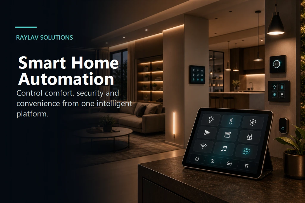 Modern smart home automation control panel with connected devices and monitoring