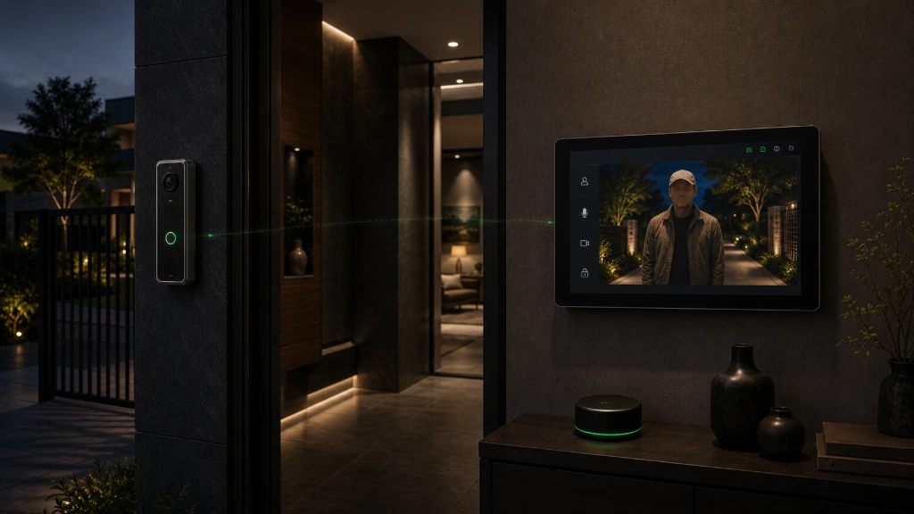 Modern residential interior equipped with video intercom communication systems