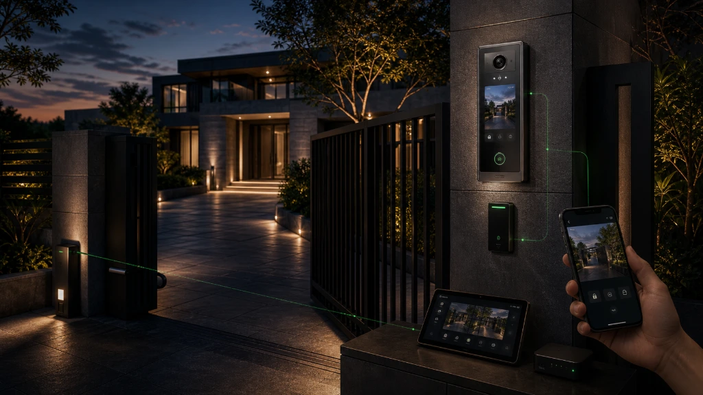 Smart video intercom system installed at a secure residential entrance