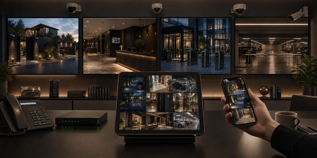 Professional CCTV monitoring center managing multiple surveillance cameras
