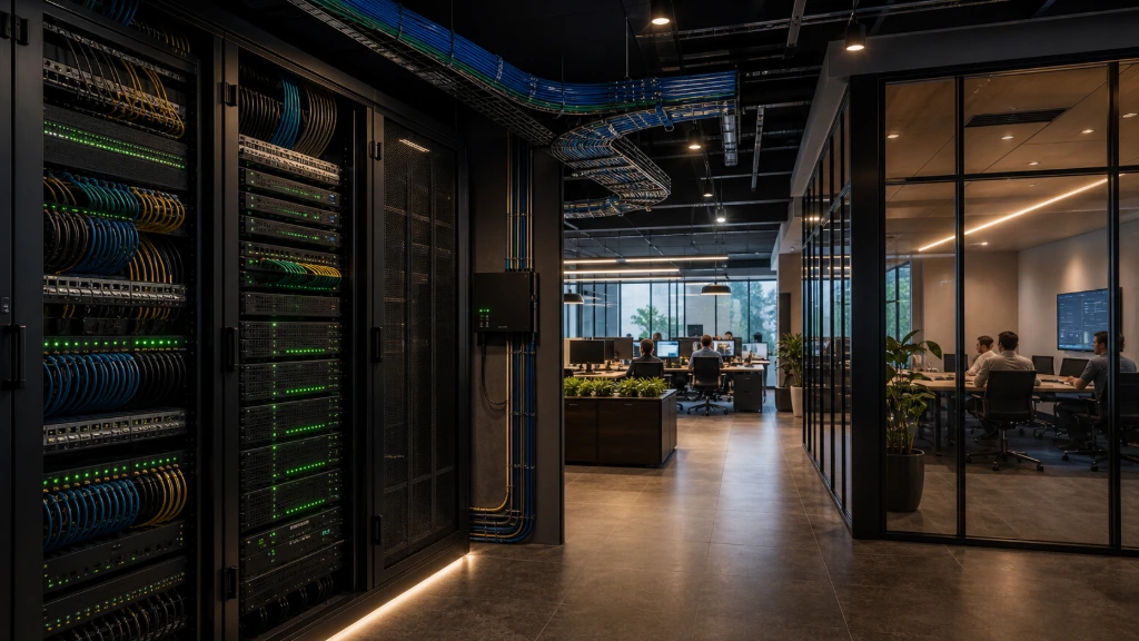 Modern data center corridor with structured network infrastructure