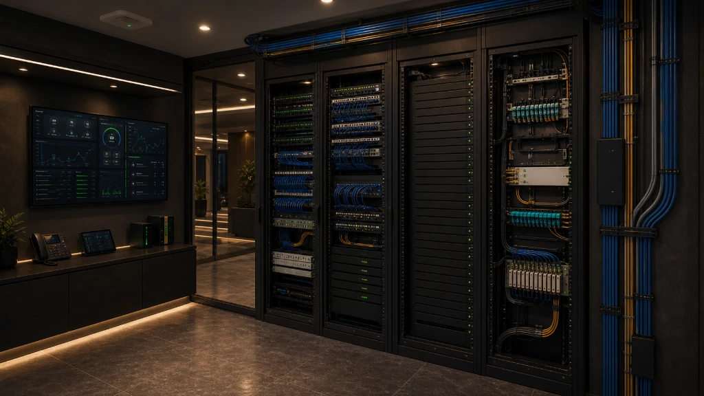Professional server room featuring structured cabling and network equipment