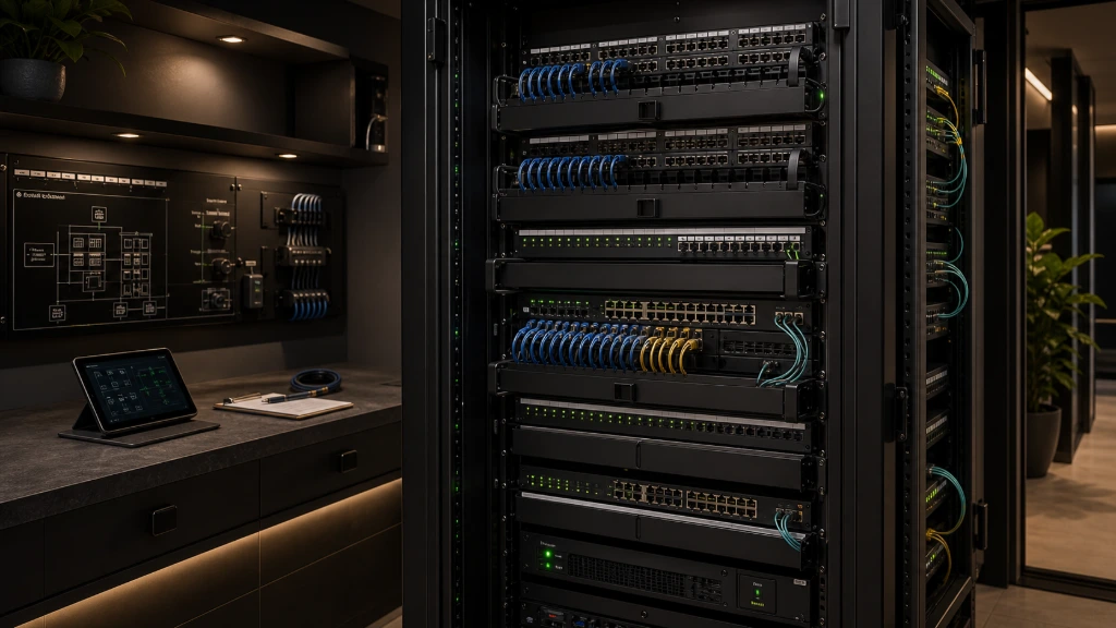 Enterprise networking cabinet with organized structured cabling