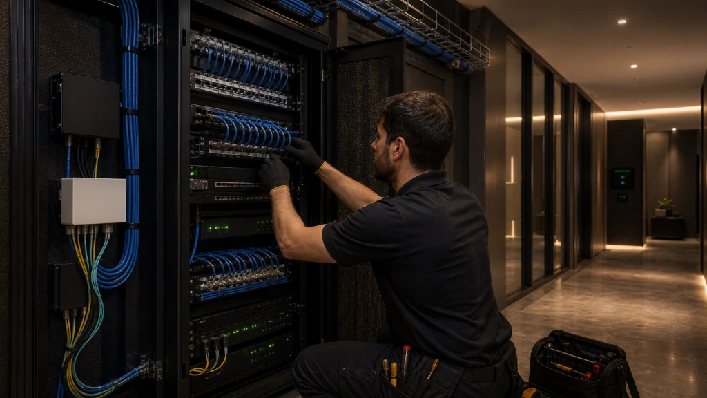 Professional technician installing structured network cabling infrastructure