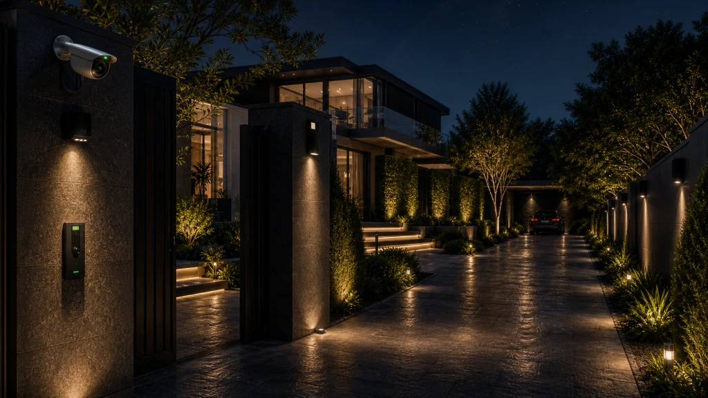 Modern entrance illuminated with intelligent lighting automation
