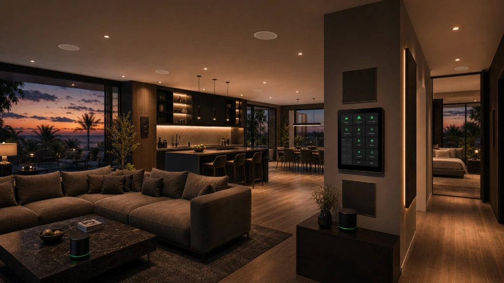 Luxury living room equipped with integrated multi-room audio and entertainment systems