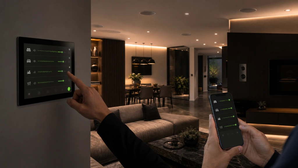 Modern kitchen and living space connected through multi-room audio technology