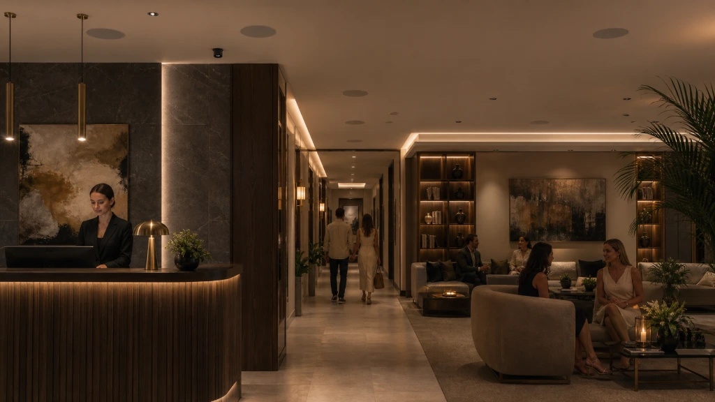 Modern smart home corridor connected to whole-home audio infrastructure