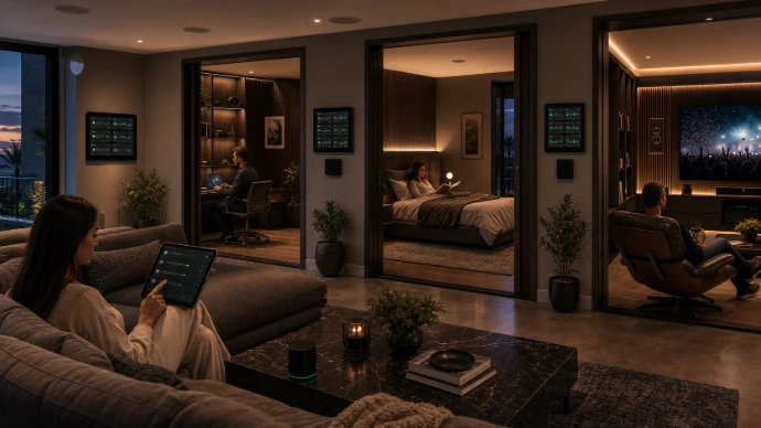Smart home entertainment environment featuring distributed audio technologies