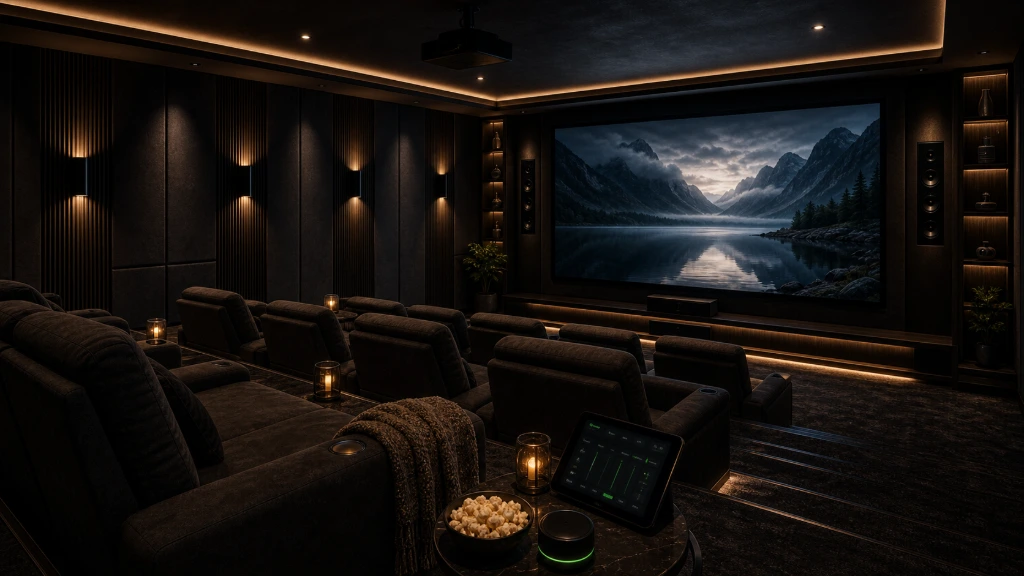 Luxury home cinema featuring immersive audio and visual entertainment technology