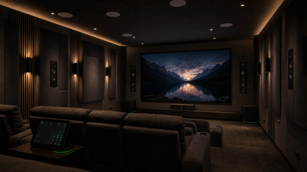 Modern home cinema room with integrated surround sound and smart controls