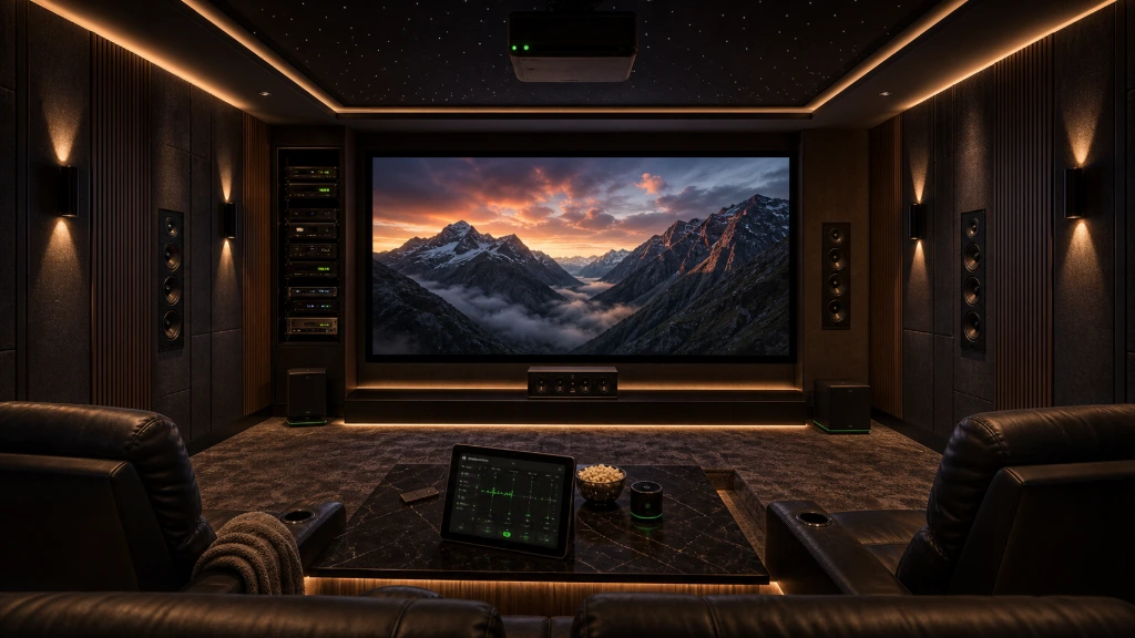 Premium home theater system displaying cinematic content on a large projection screen