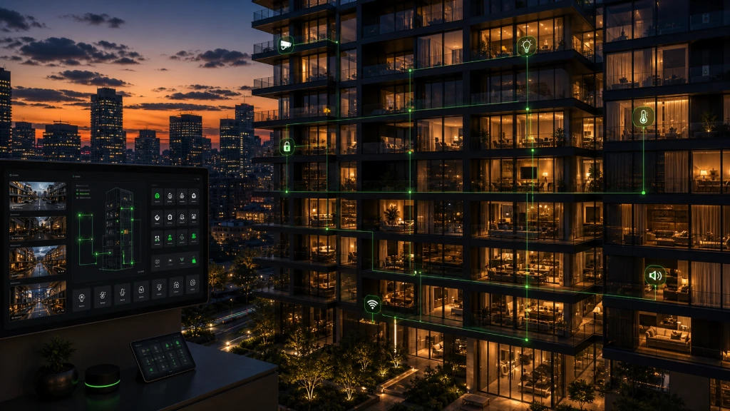 Modern luxury apartment complex utilizing smart security and connectivity infrastructure