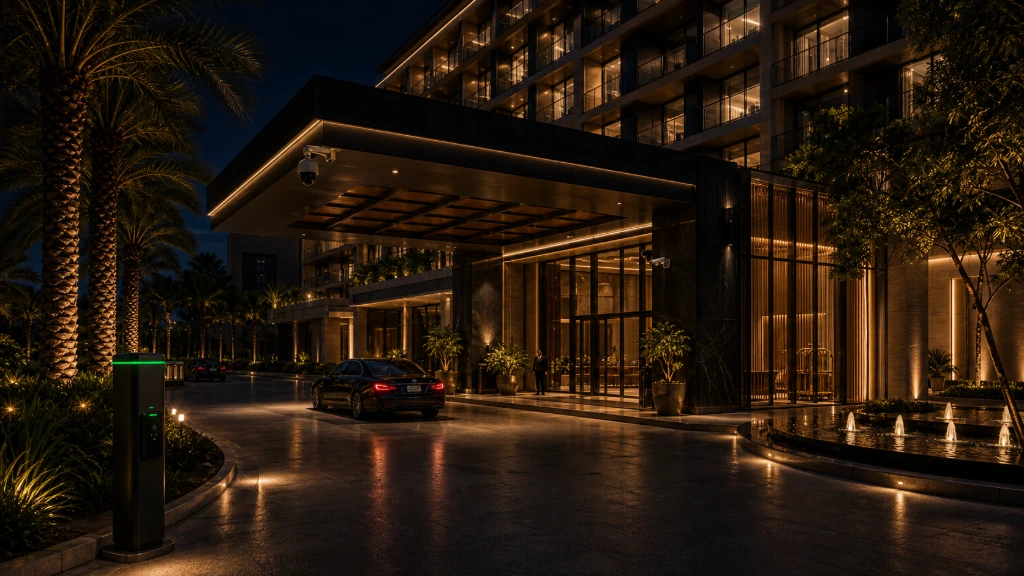 Luxury hotel entrance featuring integrated security and smart hospitality technologies
