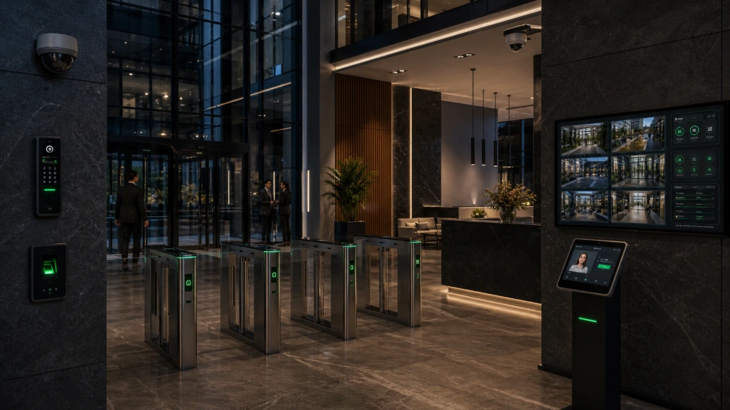 Commercial building entrance secured with access control and monitoring systems