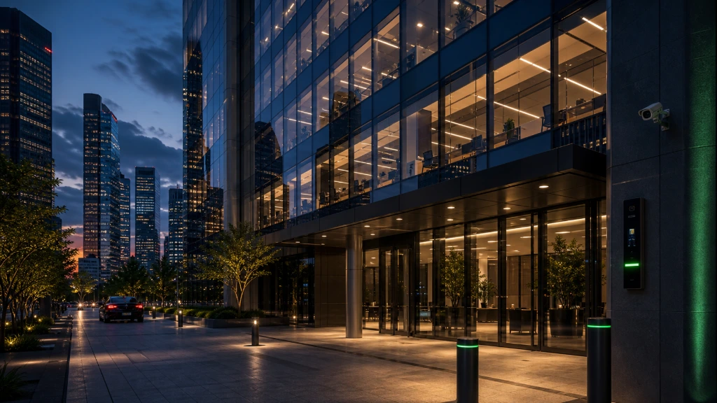Modern commercial building secured with integrated technology and security infrastructure
