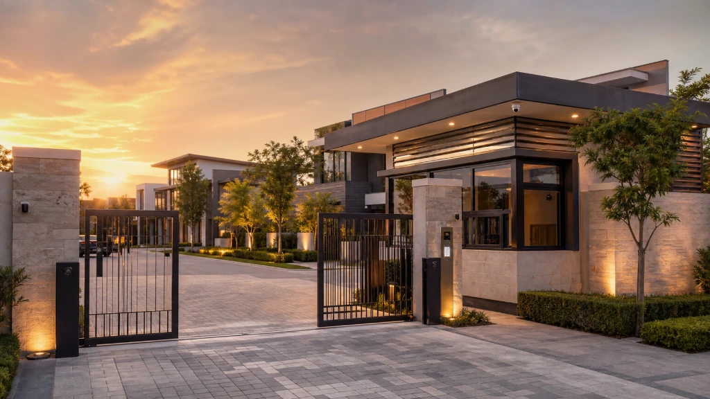 Modern gated community equipped with intelligent estate automation, visitor management, perimeter security, smart access control, and integrated monitoring solutions by RAYLAV Home Automations &amp; Security.