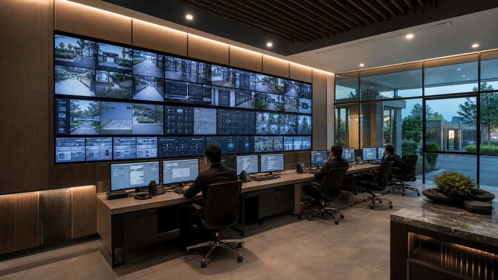 Centralized estate security control room monitoring CCTV surveillance, visitor management systems, perimeter protection, and real-time estate operations for enhanced community safety.