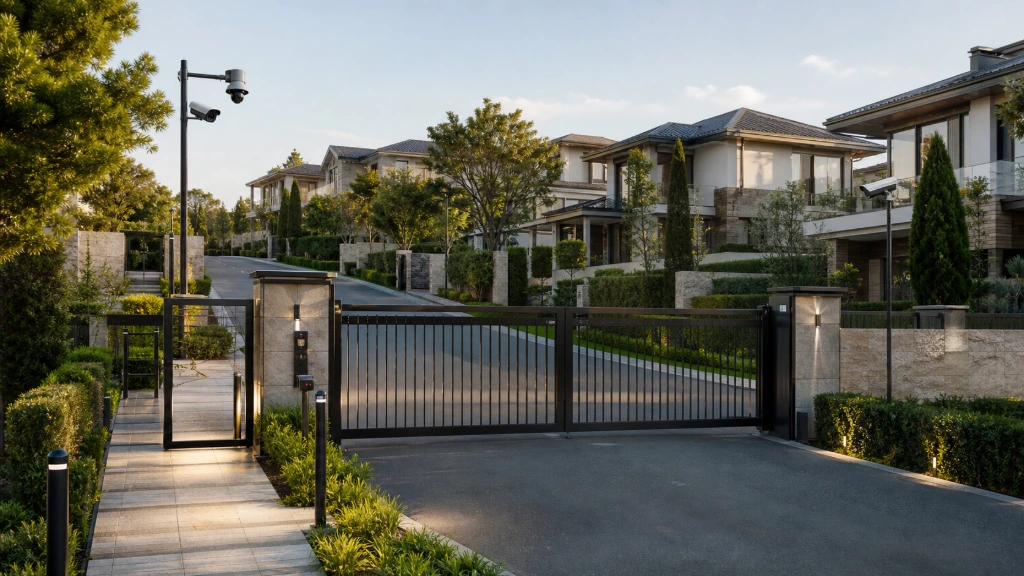 Secure residential estate entrance featuring automated gates, visitor management technology, intercom communication systems, and smart access control for residents and guests.