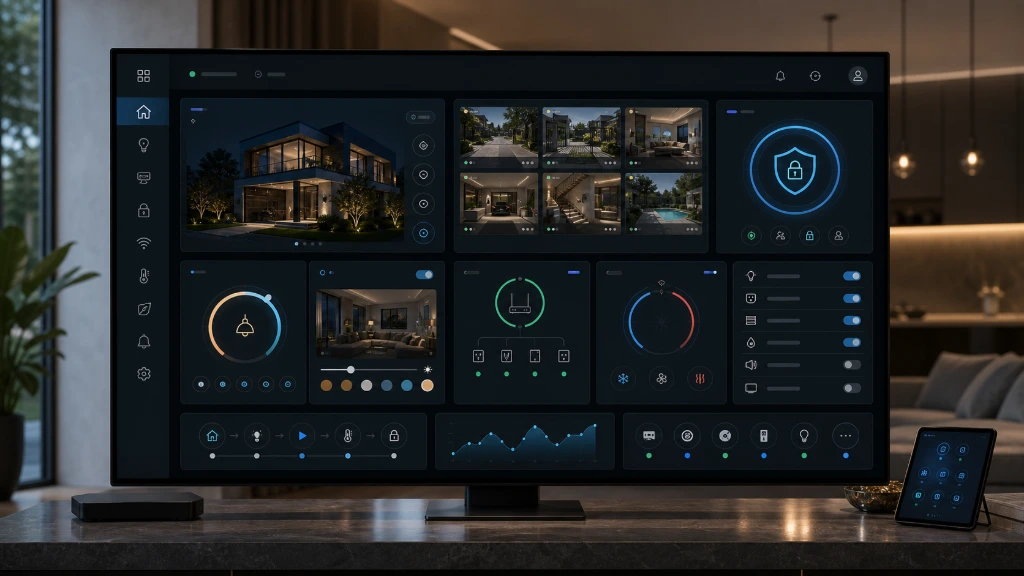 Smart home control interface providing centralized management of lighting, CCTV surveillance, security devices, climate control, and connected home automation systems.