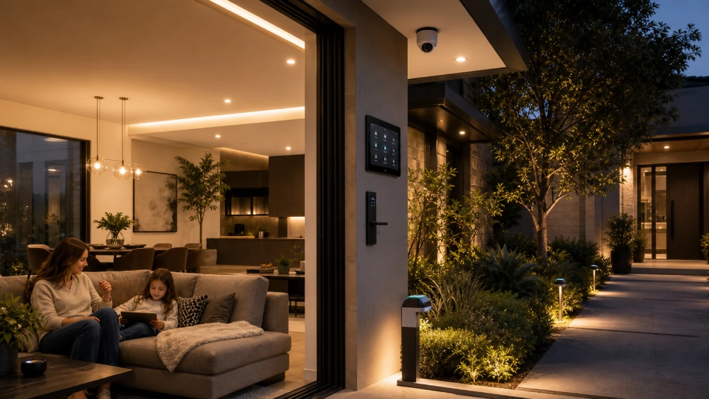 Contemporary residence equipped with smart access control, automated lighting, home networking, and intelligent security solutions for enhanced comfort and convenience.