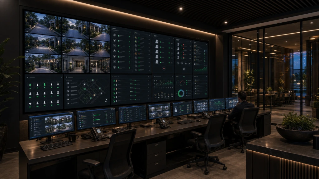 Residential property protected with advanced smart security technology including remote monitoring, motion detection, automated lighting, and intelligent access management by RAYLAV.
