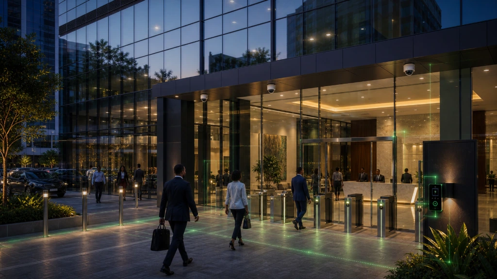 Commercial office building secured with Hikvision access control and surveillance systems