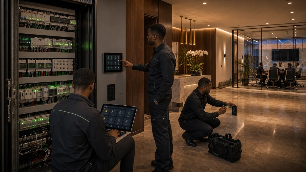 RAYLAV engineer commissioning a KNX smart building automation system