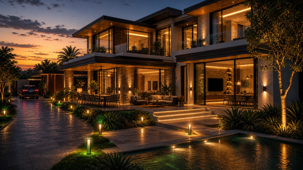 Luxury smart home illuminated with Philips Hue intelligent lighting at sunset