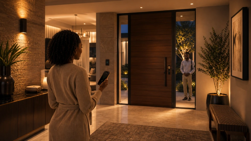 Homeowner controlling NUKI smart lock using a smartphone at the front entrance